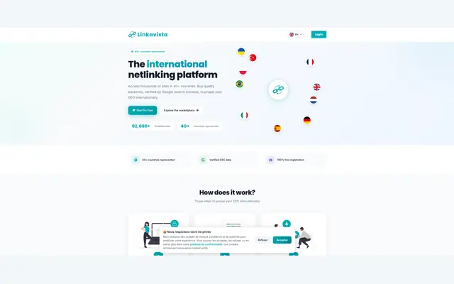 Accueil de Linkavista annonçant sa plateforme de netlinking internationale et son compteur de sites disponibles