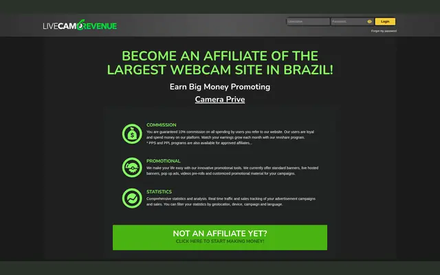 English home page of LiveCamRevenue inviting webmasters to promote Camera Prive, billed as the largest webcam site in Brazil