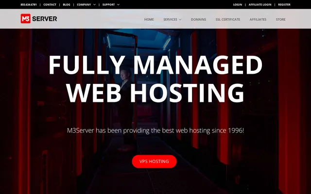 Portada de M3Server anunciando alojamiento totalmente gestionado desde 1996