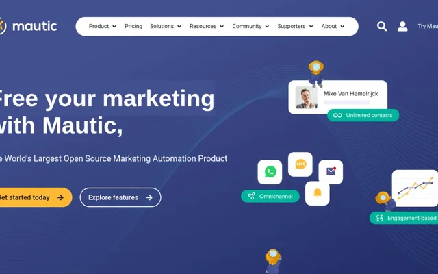 The mautic.org home page on a blue background, headlined “Free your marketing with Mautic”, with “Get started today” and “Explore features” buttons and “Unlimited contacts” and “Omnichannel” badges
