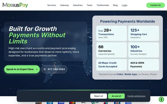 MobiusPay home page with its figures panel, including 66 currencies and two billion transactions since 2010