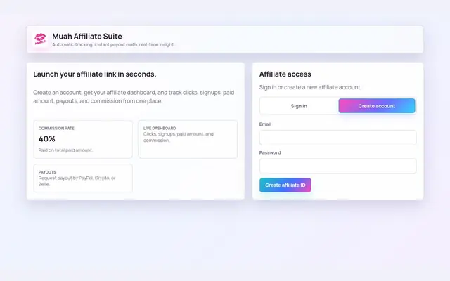 Page Muah Affiliate Suite avec le taux de commission de 40 %, le tableau de bord et le formulaire de création de compte affilié