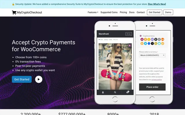 Page d’accueil de MyCryptoCheckout, extension de paiement crypto pour WooCommerce