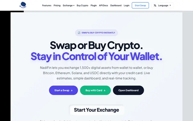 NadiFin home page, a crypto exchange service