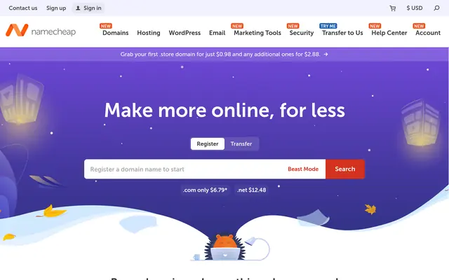 Accueil de Namecheap avec son moteur de recherche de noms de domaine