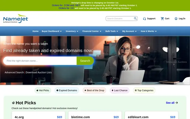 NameJet home page listing expired domains with their minimum bids