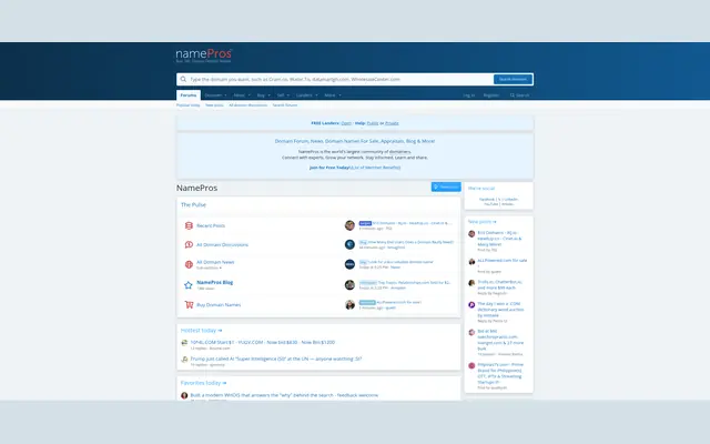 Accueil du forum NamePros en bleu, avec la barre de recherche de domaines, le bloc The Pulse qui liste Recent Posts, All Domain Discussions, All Domain News, NamePros Blog et Buy Domain Names, et les sujets du jour