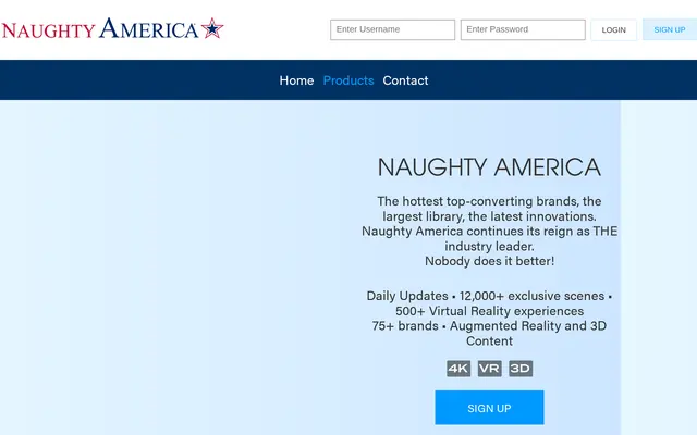 Página de marcas de Naughty Revenue con Naughty America, Naughty America VR y Tonight’s Girlfriend