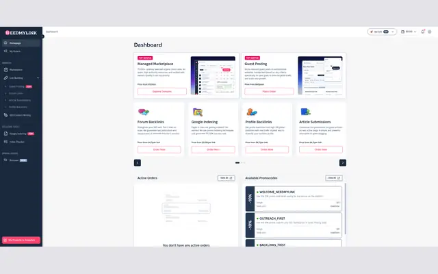 Tableau de bord du compte NeedMyLink, avec ses six services, leur prix de départ et les codes promotionnels