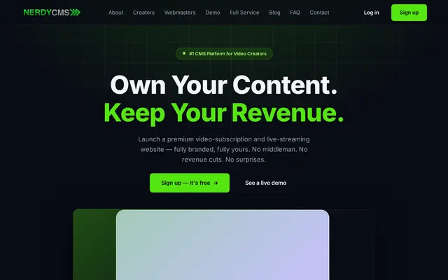 Portada de NerdyCMS anunciando una plataforma gratuita de suscripción de vídeo para creadores