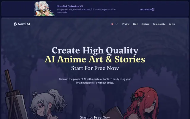 NovelAI home page presenting its anime image and story generation