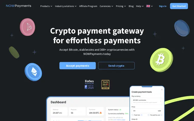 Page d’accueil de NOWPayments, passerelle de paiement en cryptomonnaies, avec l’aperçu du tableau de bord marchand
