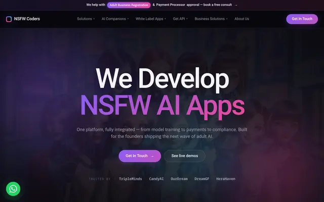 Accueil de NSFW Coders, avec le titre « We Develop NSFW AI Apps » sur fond violet et la ligne « Trusted by » qui cite TripleMinds, CandyAI, OurDream, DreamGF et HeraHaven