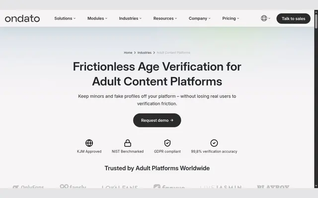 Page d’Ondato consacrée aux plateformes adultes, titrée « Frictionless Age Verification for Adult Content Platforms », avec quatre badges : agrément KJM, évaluation NIST, RGPD et 99,8 % de précision, puis les logos de plateformes clientes