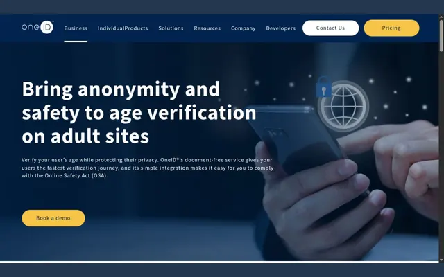 OneID adult sites page headed Bring anonymity and safety to age verification on adult sites, with a hand holding a phone