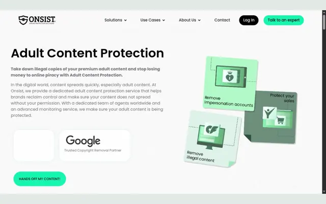 Page d’Onsist consacrée à la protection des contenus adultes, avec le titre « Adult Content Protection », un texte de présentation et le badge de partenaire de Google pour le retrait des droits d’auteur