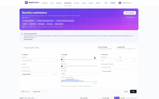 Accueil d’OpenBacklinks avec ses compteurs de sites et son modèle sans marge