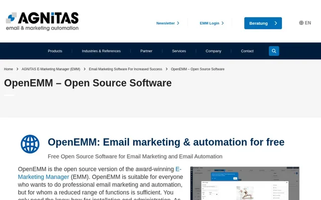 Page d’OpenEMM sur le site d’AGNITAS avec le titre consacré à l’e-mailing et à l’automatisation gratuits et un aperçu de l’interface