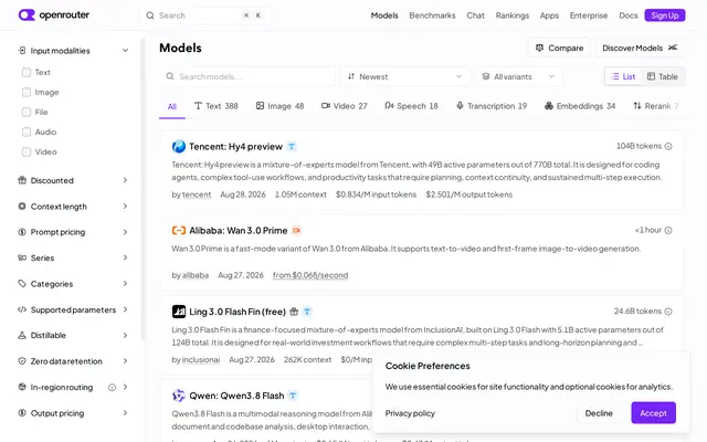 OpenRouter home page presenting its unified access to language models