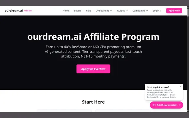 Accueil du site affilié d’ourdream.ai avec le bouton de candidature par Everflow