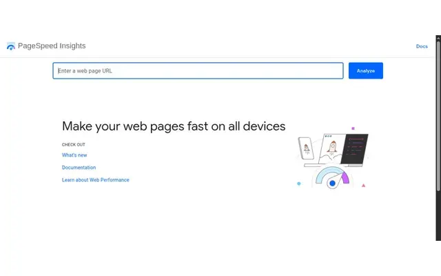 Page d’accueil de PageSpeed Insights, avec le logo de l’outil, le champ pour saisir l’adresse d’une page, le bouton Analyze et le titre Make your web pages fast on all devices