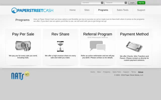PaperStreetCash programs page showing pay per sale, rev share, the $200 referral bonus and payout methods