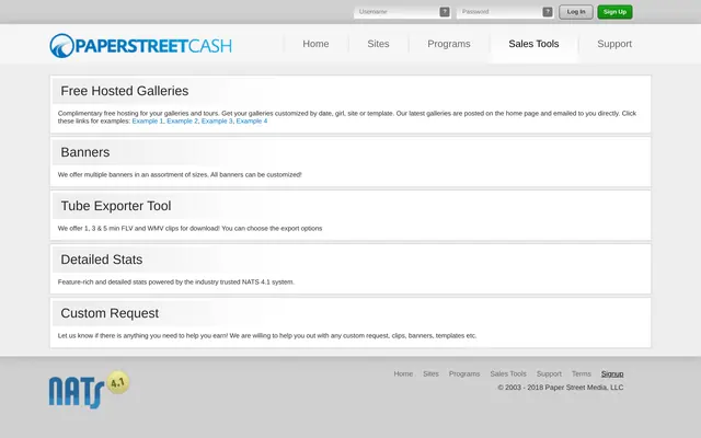 PaperStreetCash sales tools page listing hosted galleries, banners, the tube exporter, stats and custom requests
