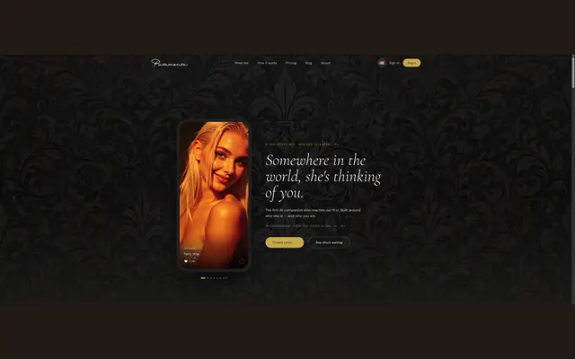 Paramoura home page showing a fictional AI companion inside a phone frame on a dark patterned background