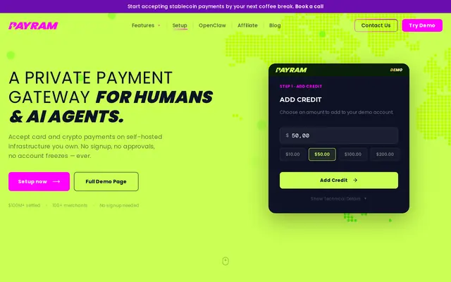 PayRam homepage, a self-hosted payment gateway, with its live checkout demo