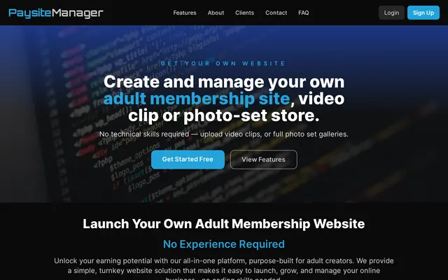 Portada de PaysiteManager ofreciendo crear una web de pago o una tienda de clips adulta