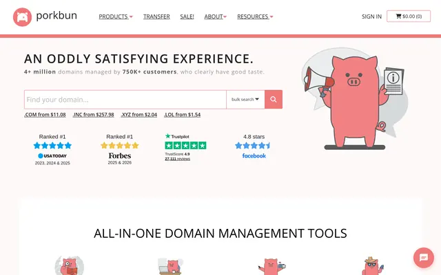 Porkbun home page with its domain name search box