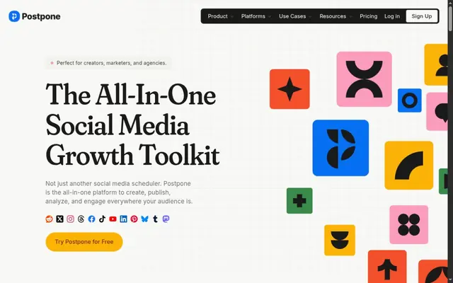 Accueil de Postpone avec le titre « The All-In-One Social Media Growth Toolkit », les icônes des réseaux pris en charge et un bouton jaune d’essai gratuit