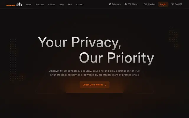 PrivateAlps homepage presenting its privacy-focused Swiss hosting