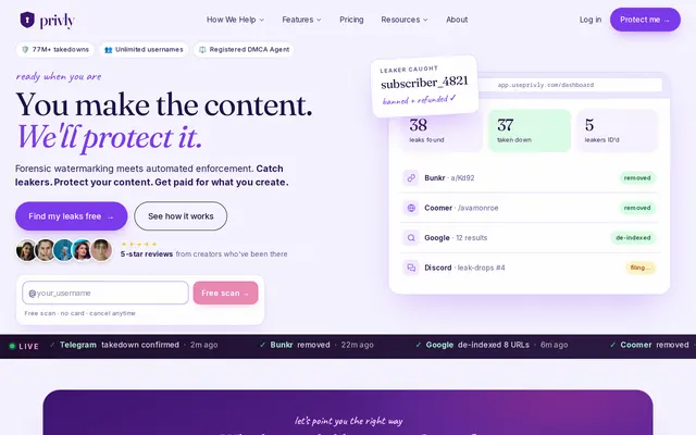 Privly home page with a slogan promising to protect creators’ content, a free username search box and a dashboard listing removed links on Bunkr, Coomer, Google and Discord