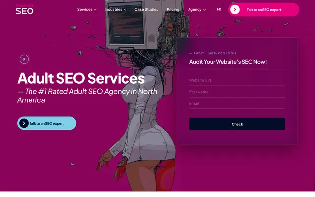 Page SEO adulte de ProStar SEO sur fond magenta, titre « Adult SEO Services » à côté d’une illustration de femme à tête de téléviseur et d’un formulaire d’audit gratuit