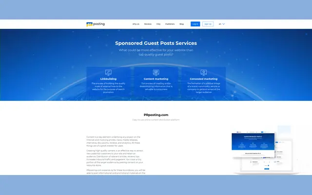 Accueil de PRposting présentant son service d’articles invités sponsorisés et ses trois activités