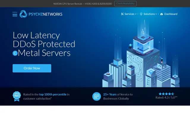 Accueil de Psychz Networks présentant ses centres de données protégés contre le DDoS
