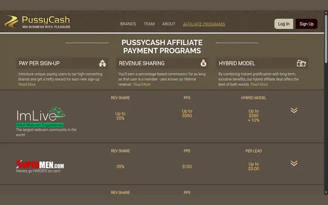 Página de programas de afiliados de PussyCash con las tarifas de ImLive y SuperMen por reparto de ingresos, por alta y por registro