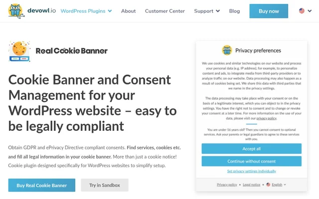 Real Cookie Banner page on devowl.io headed Cookie Banner and Consent Management for your WordPress website, with the Privacy preferences dialog on the right showing same-size Accept all and Continue without consent buttons, a Set privacy settings individually link and a notice for visitors under 16