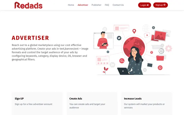 Page des annonceurs de RedAds, avec le titre « Advertiser », un texte sur les formats texte, bannière et texte avec image, et trois étapes : inscription, création des annonces, hausse des contacts