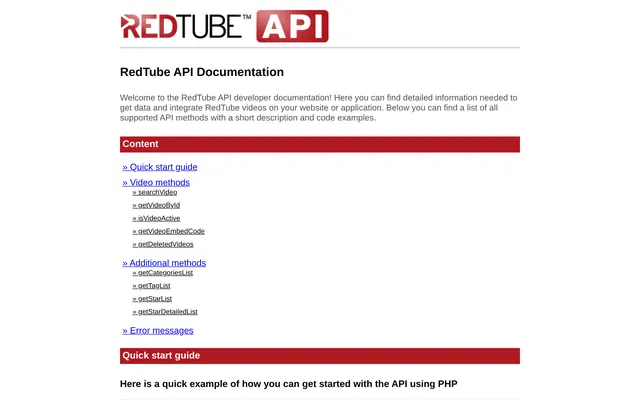 RedTube interface documentation listing the available methods