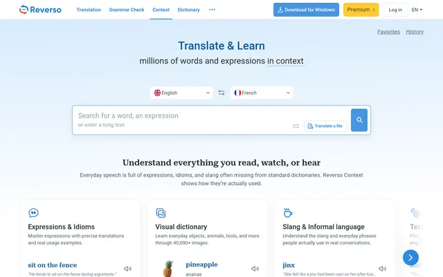 Site de Reverso présentant son traducteur, son dictionnaire et son correcteur