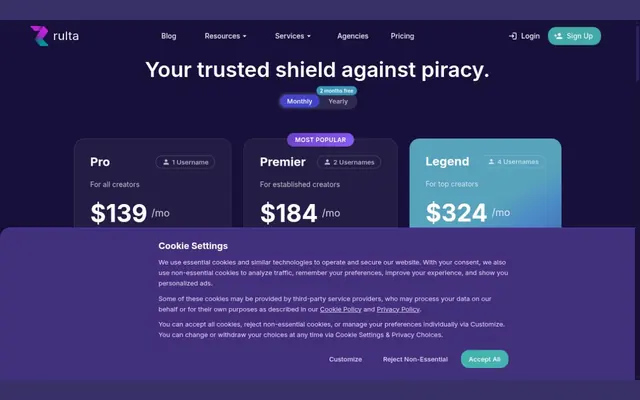 Rulta pricing page with the slogan “Your trusted shield against piracy” and the Pro plan at $139, Premier at $184 and Legend at $324 a month, partly covered by the cookie settings banner