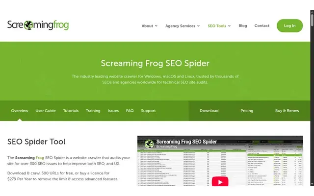 Página de inicio de Screaming Frog SEO Spider, con el rastreador para Windows, macOS y Linux, las pestañas de descarga y precios, y la oferta de 500 URL gratis o una licencia anual