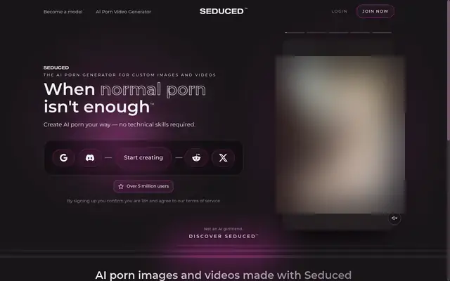Seduced home page presenting its image and video generator
