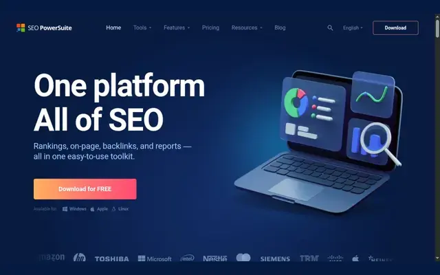 Page d’accueil de SEO PowerSuite avec le slogan « One platform All of SEO », un bouton de téléchargement gratuit et les logos Windows, Apple et Linux