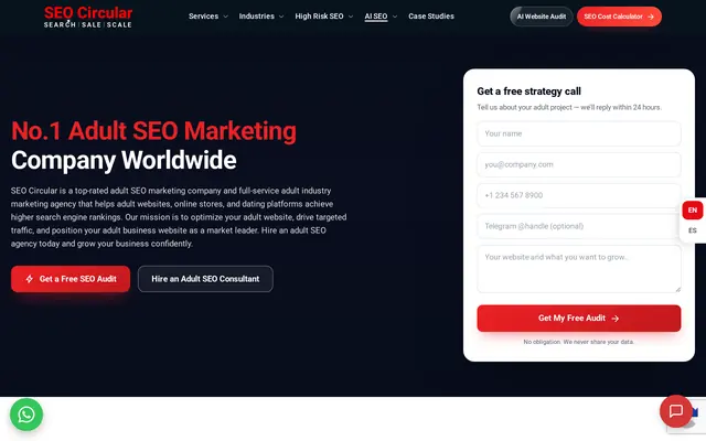 SEO Circular adult SEO page with the headline No.1 Adult SEO Marketing Company Worldwide, buttons for a free audit and a consultant, and a strategy call request form
