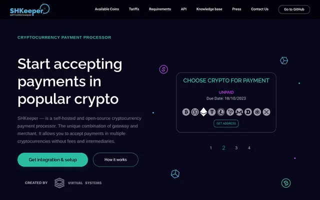 Page d’accueil de SHKeeper, processeur de paiement en cryptomonnaies auto-hébergé