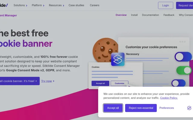 Silktide Consent Manager page headed The best free cookie banner, with the demo banner in the lower right showing Accept all, Reject non-essential and Preferences buttons