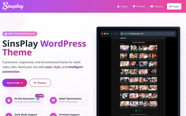 Accueil de SinsPlay présentant son thème WordPress pour sites vidéo adultes